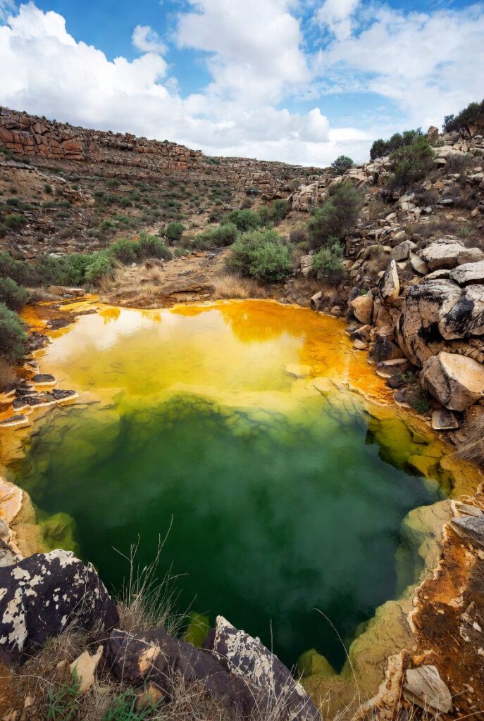 Paisagem alienígena da depressão de Danakil na Etiópia com piscinas de enxofre.